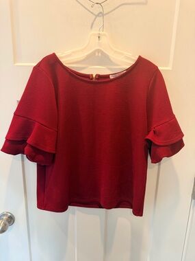 Green Envelope LA Red Textured Ruffle Sleeve Top Size Large Cropped Blouse